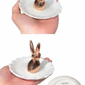 Rose Gold Bunny Ring Holder Jewelry Dish White Trinket Tray Cute Vanity Decor
